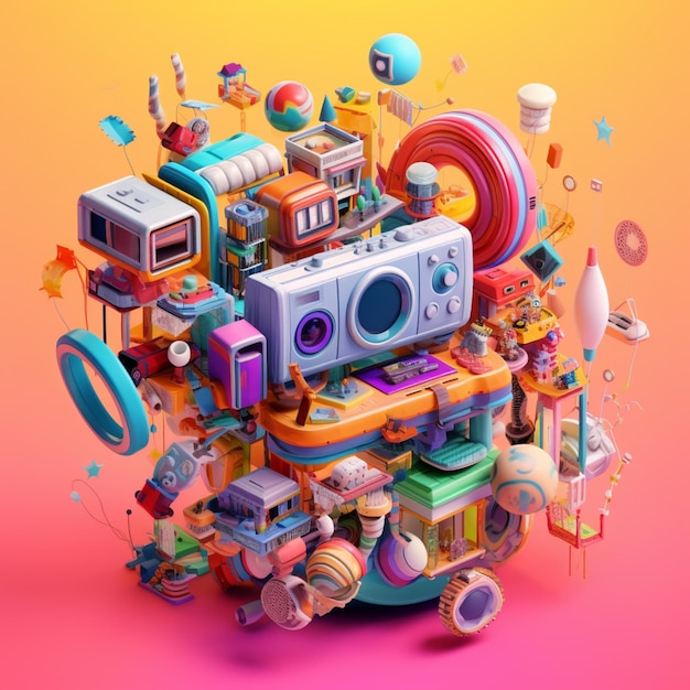 A brightly colored photo of a camera surrounded by objects generative ai