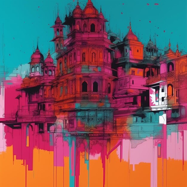 Brightly colored photograph of a building with a clock tower generative ai