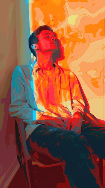 Photo brightly colored photograph of a man sitting in a chair with his eyes closed