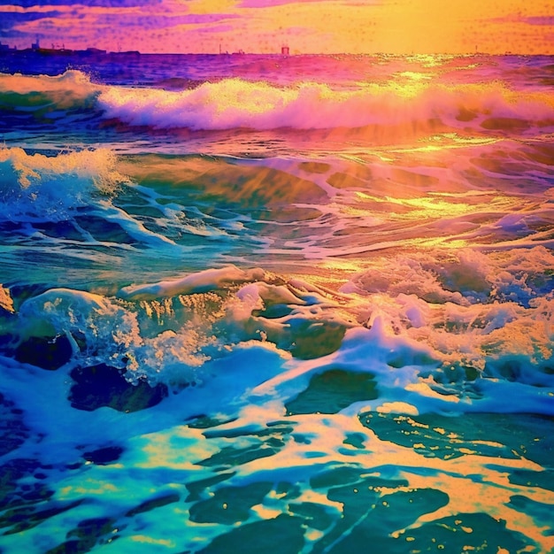 Brightly colored photograph of a sunset over the ocean with waves generative ai