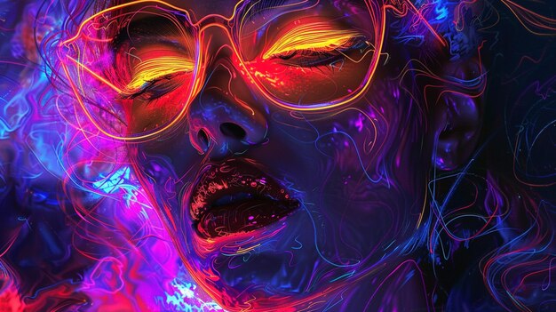 brightly colored photograph of a woman with glasses and neon hair generative ai