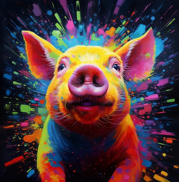 Brightly colored pig painting on black background with multicolored spots generative ai