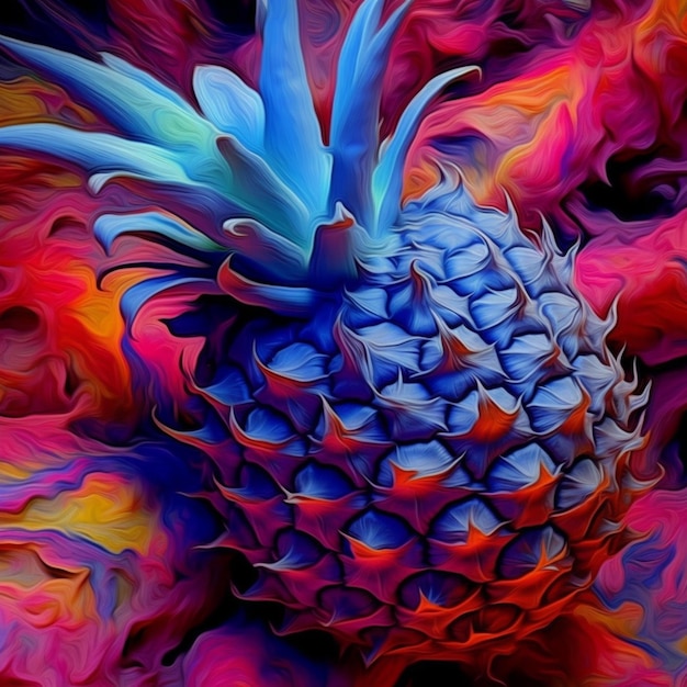 Brightly colored pineapple with a blue center surrounded by red and blue swirls generative ai