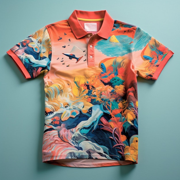 brightly colored polo shirt with a picture of a woman and a horse generative ai