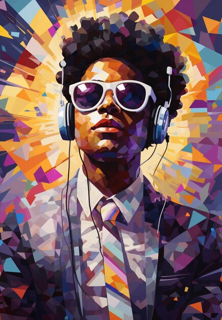 brightly colored portrait of a man wearing sunglasses and headphones generative ai