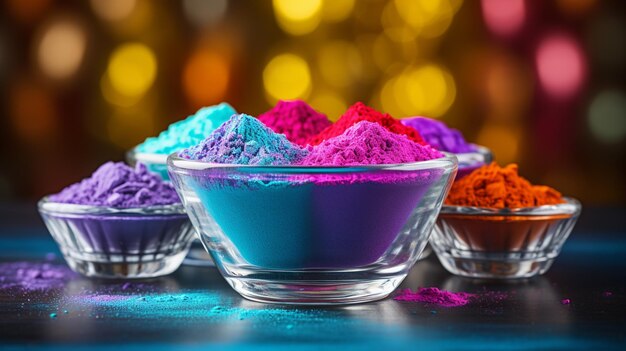 brightly colored powder in bowls on a table with a colorful background generative ai