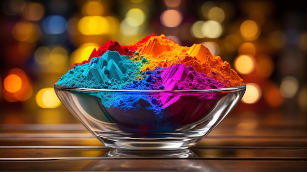 brightly colored powder in a glass bowl on a wooden table generative ai