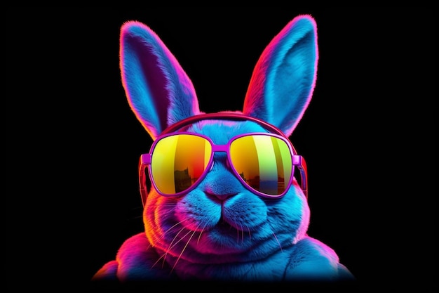 Brightly colored rabbit wearing sunglasses and a black background generative ai