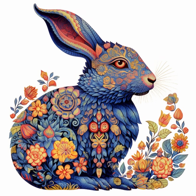 brightly colored rabbit with floral design sitting in a field of flowers generative ai