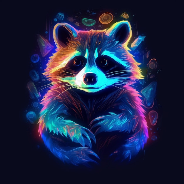 Brightly colored raccoon with glowing feathers on a black background generative ai