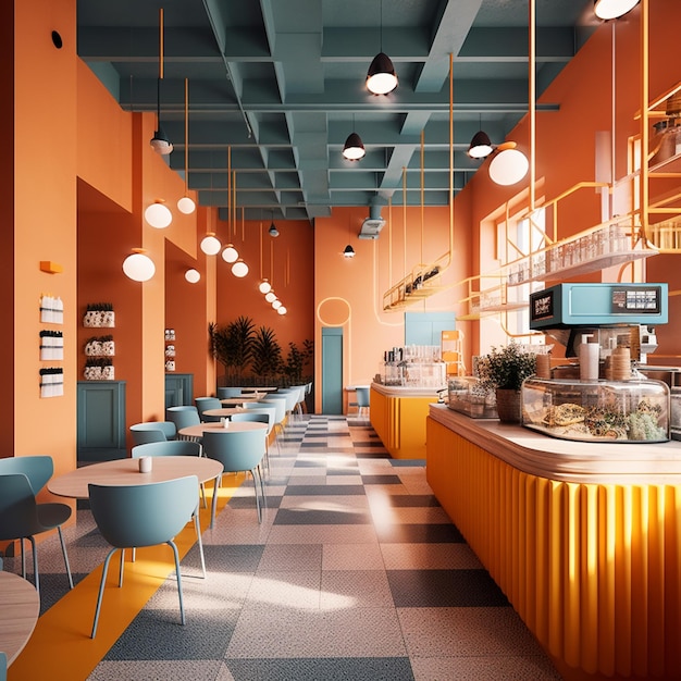 Яркий ресторан с оранжевыми стенами и синими и желтыми акцентами