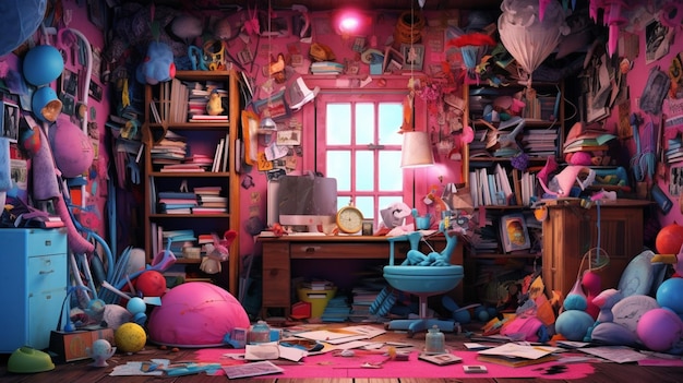 A brightly colored room with a desk and a lot of balloons generative ai