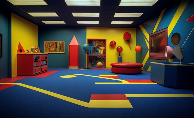 brightly colored room with a red chair and a blue carpet generative ai