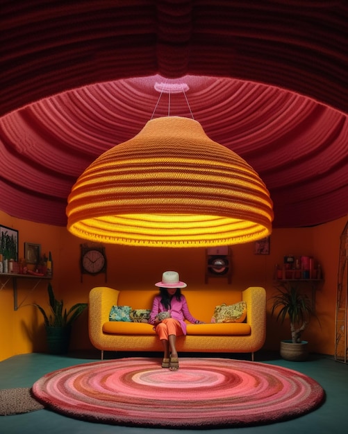 여자가 소파에 앉아 있는 밝은 색의 방과 큰 램프 생성 인공 지능