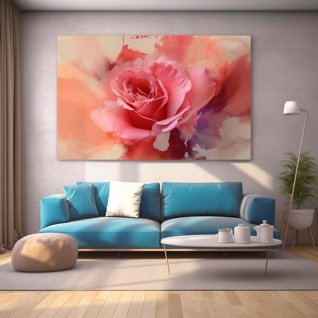 A brightly colored rose painting on a wall in a living room generative ai