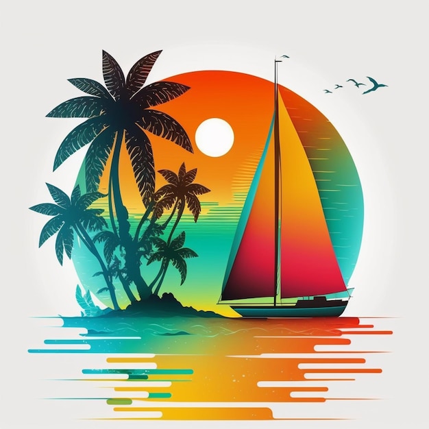 a brightly colored sailboat in the ocean with palm trees and birds flying in the background generative ai