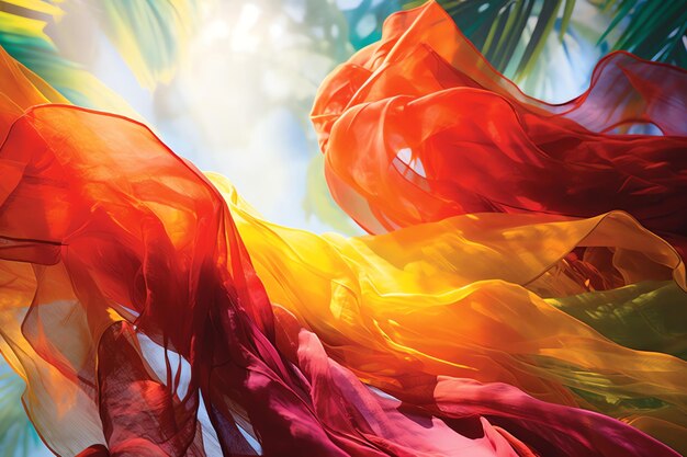 Brightly colored sarongs blowing in the wind realistic tropical background