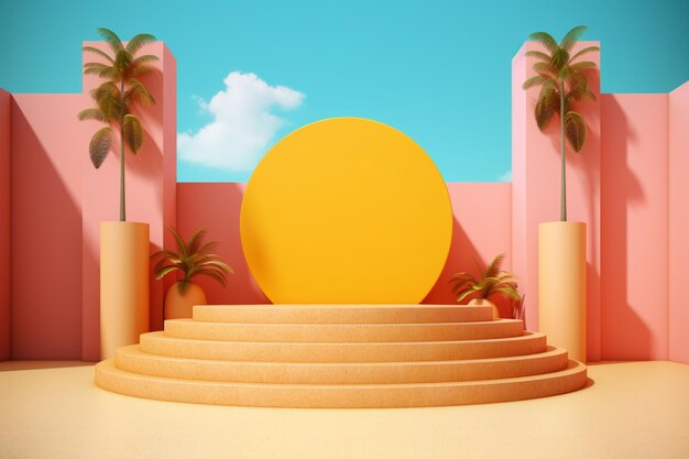 A brightly colored scene with a round yellow object in the middle generative ai