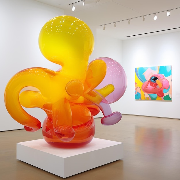 Brightly colored sculpture of a octopus made of balloons in a museum generative ai