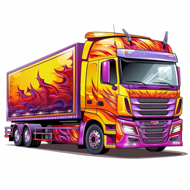 Photo a brightly colored semi truck with flames on the side generative ai