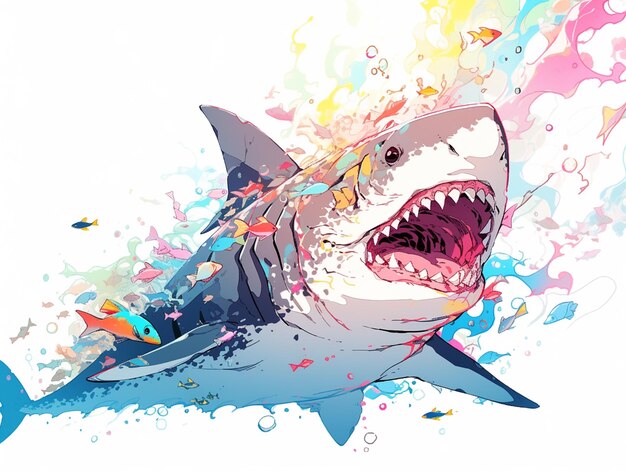 Brightly colored shark with open mouth and open mouth with colorful splashes generative ai