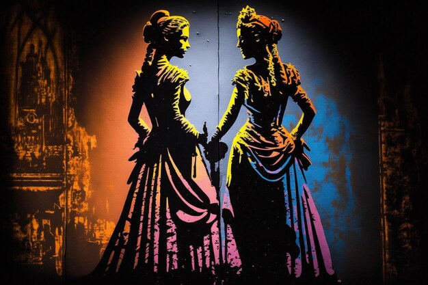사진 벽 앞에 서 있는 드레스를 입은 두 여성의 밝은 색의 실루