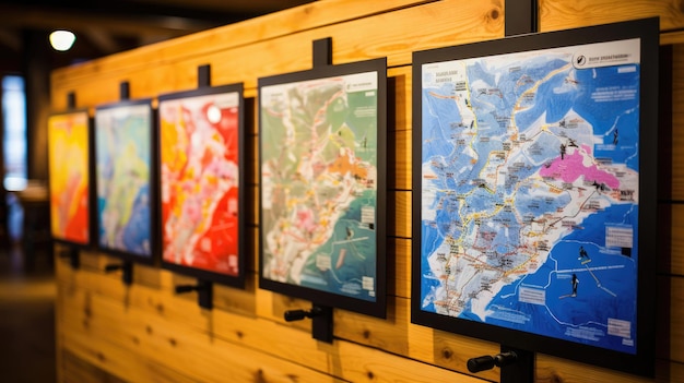 Brightly colored ski trail maps on wooden board