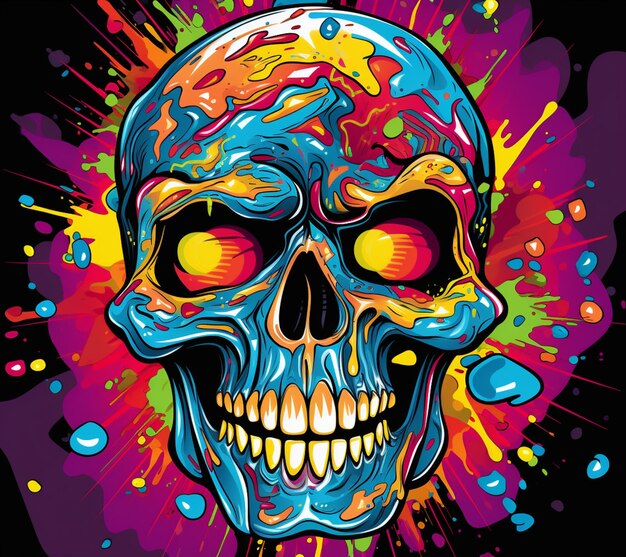 A brightly colored skull with a bright smile on a black background generative ai