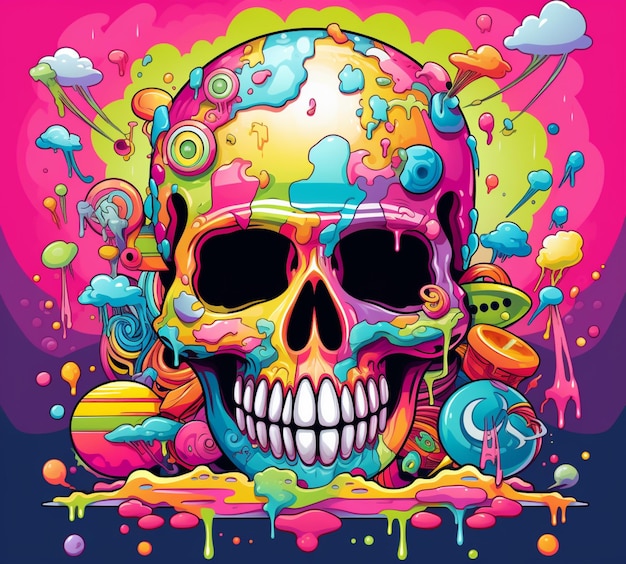 a brightly colored skull with candy and lollipops on a pink background generative ai