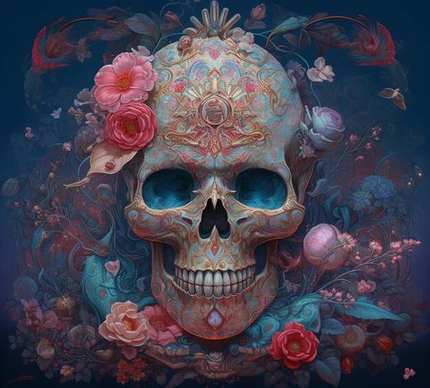 brightly colored skull with floral decoration on dark background generative ai