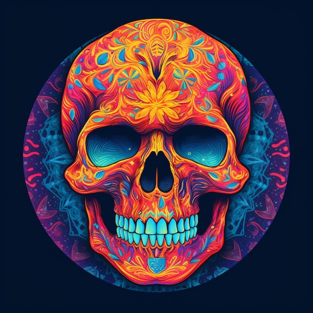 Brightly colored skull with floral design on a dark background generative ai