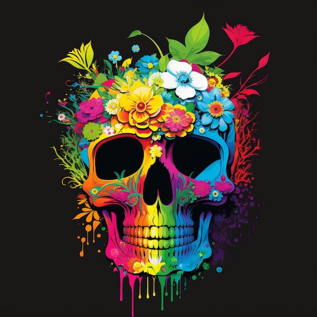 brightly colored skull with flowers and leaves on black background generative ai