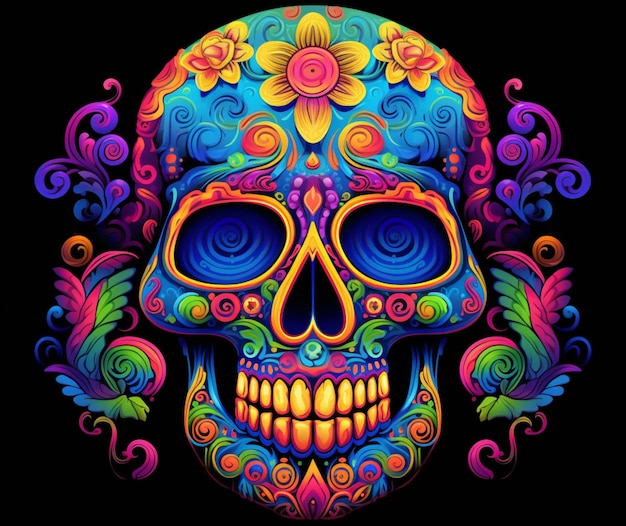 Brightly colored skull with intricate details