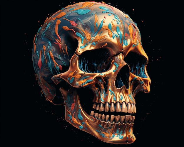 Brightly colored skull with open mouth on black background with orange and blue paint generative ai