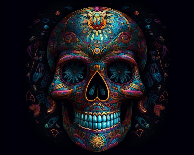 brightly colored skull with ornate design on black background generative ai