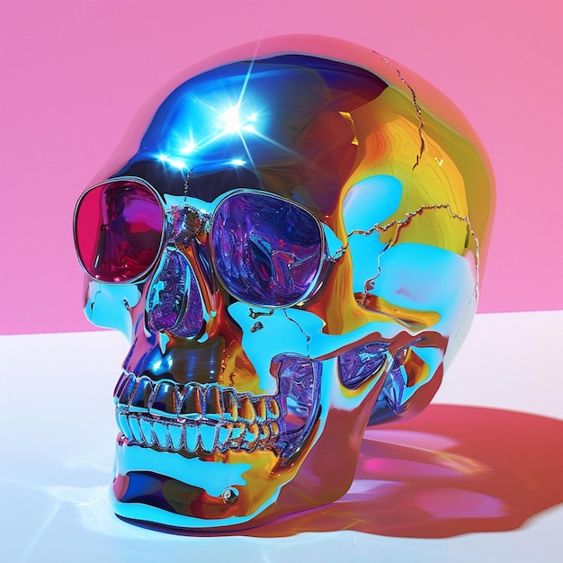 Фото Ярко окрашенный череп с солнцезащитными очками на розовом фоне