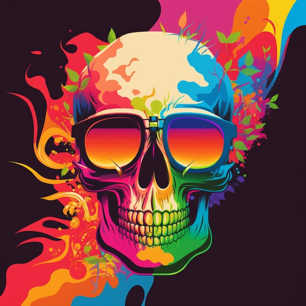 Photo brightly colored skull with sunglasses and a rainbow background generative ai