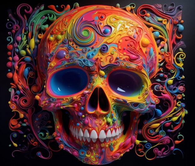 brightly colored skull with swirly design on black background generative ai