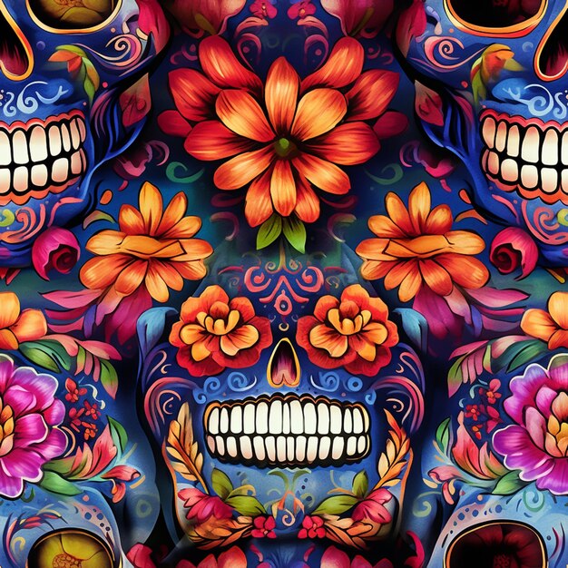 Brightly colored skulls with flowers and leaves on a blue background generative ai