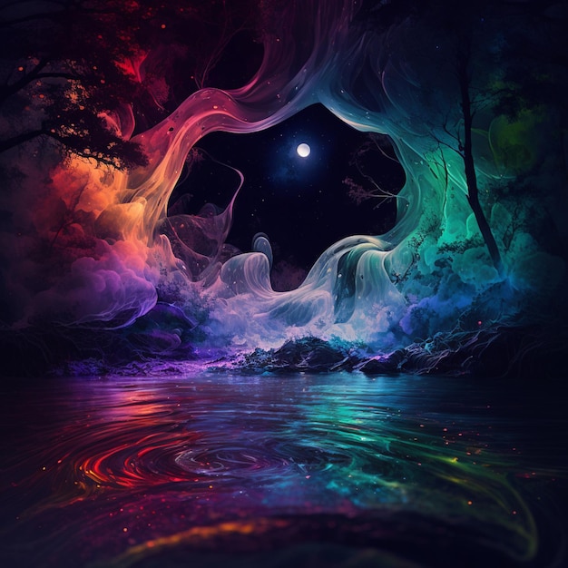 a brightly colored smoke swirls in a dark cave with a full moon generative ai