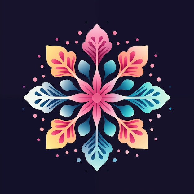 Photo brightly colored snowflake with leaves and dots on a dark background generative ai