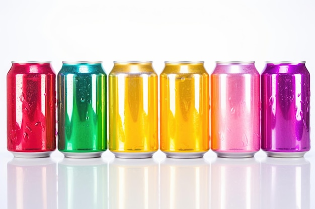 Brightly colored soda cans on a pure white background