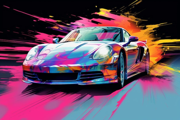 a brightly colored sports car driving on a road with a black background generative ai