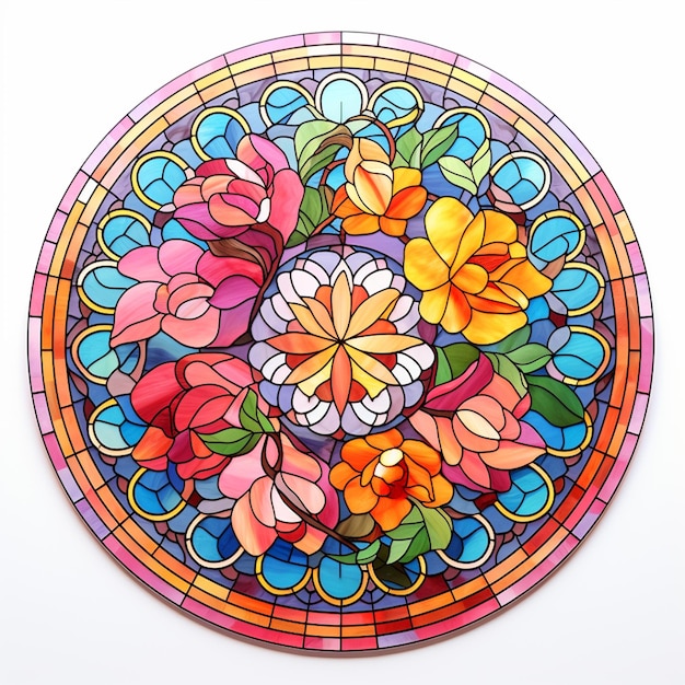 Brightly colored stained glass artwork of flowers in a circle generative ai