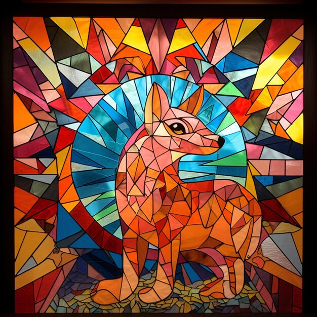 A brightly colored stained glass picture of a fox in a circle generative ai