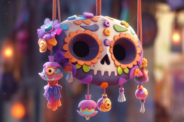 brightly colored sugar skull hanging from strings with colorful decorations generative ai