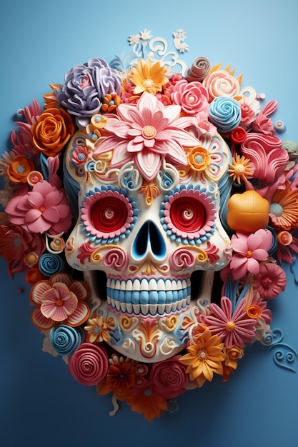Brightly colored sugar skull surrounded by flowers and swirls on blue background generative ai