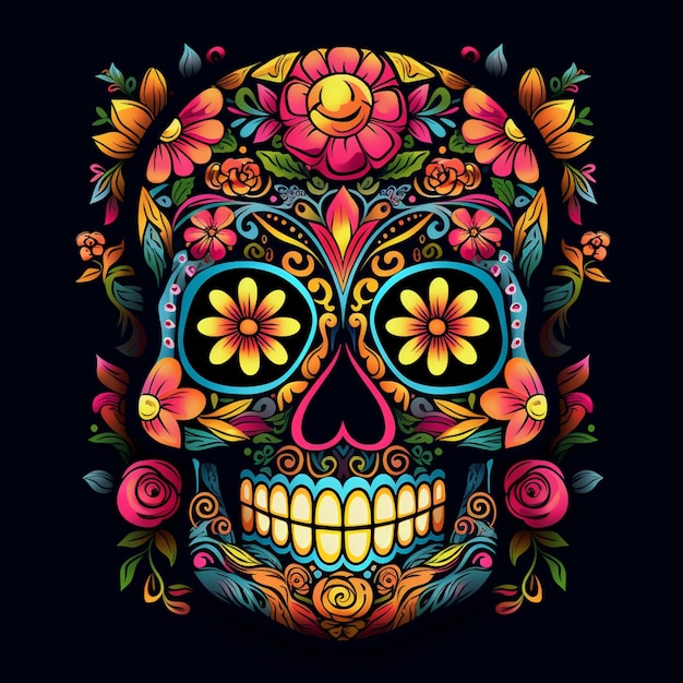 brightly colored sugar skull with floral decoration on black background generative ai