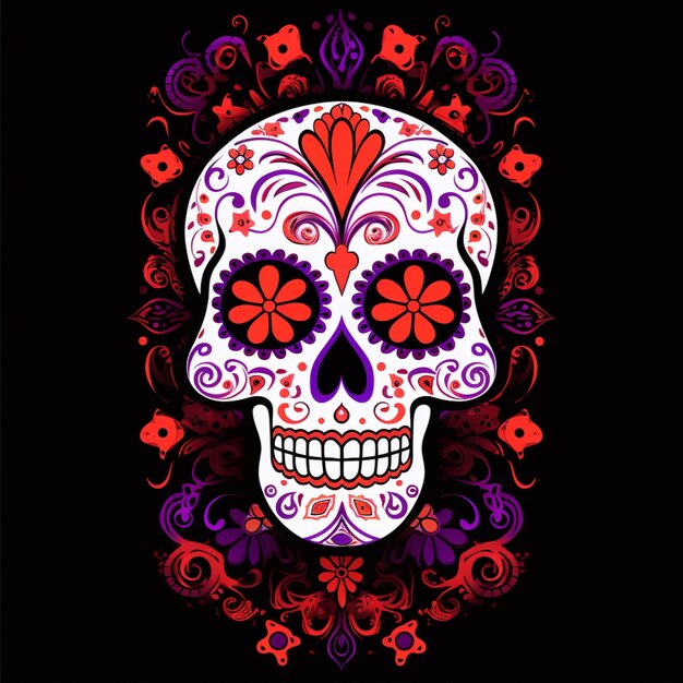 brightly colored sugar skull with floral ornament design on black background generative ai