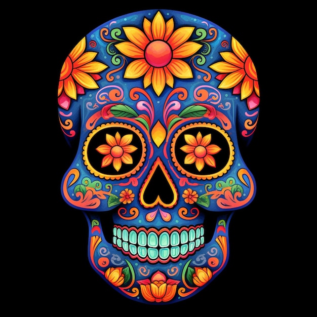 Brightly colored sugar skull with flowers on black background generative ai